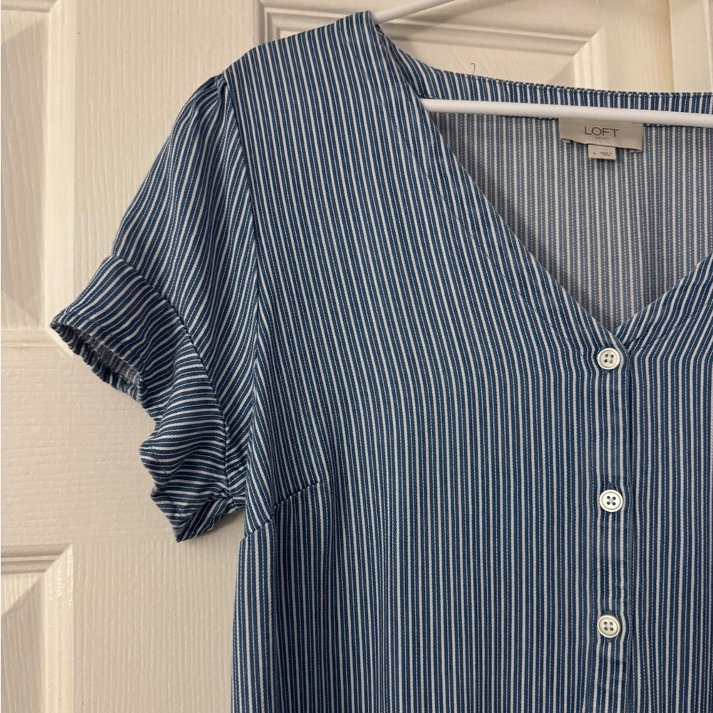 LOFT Blue and White Striped Button Down Dress